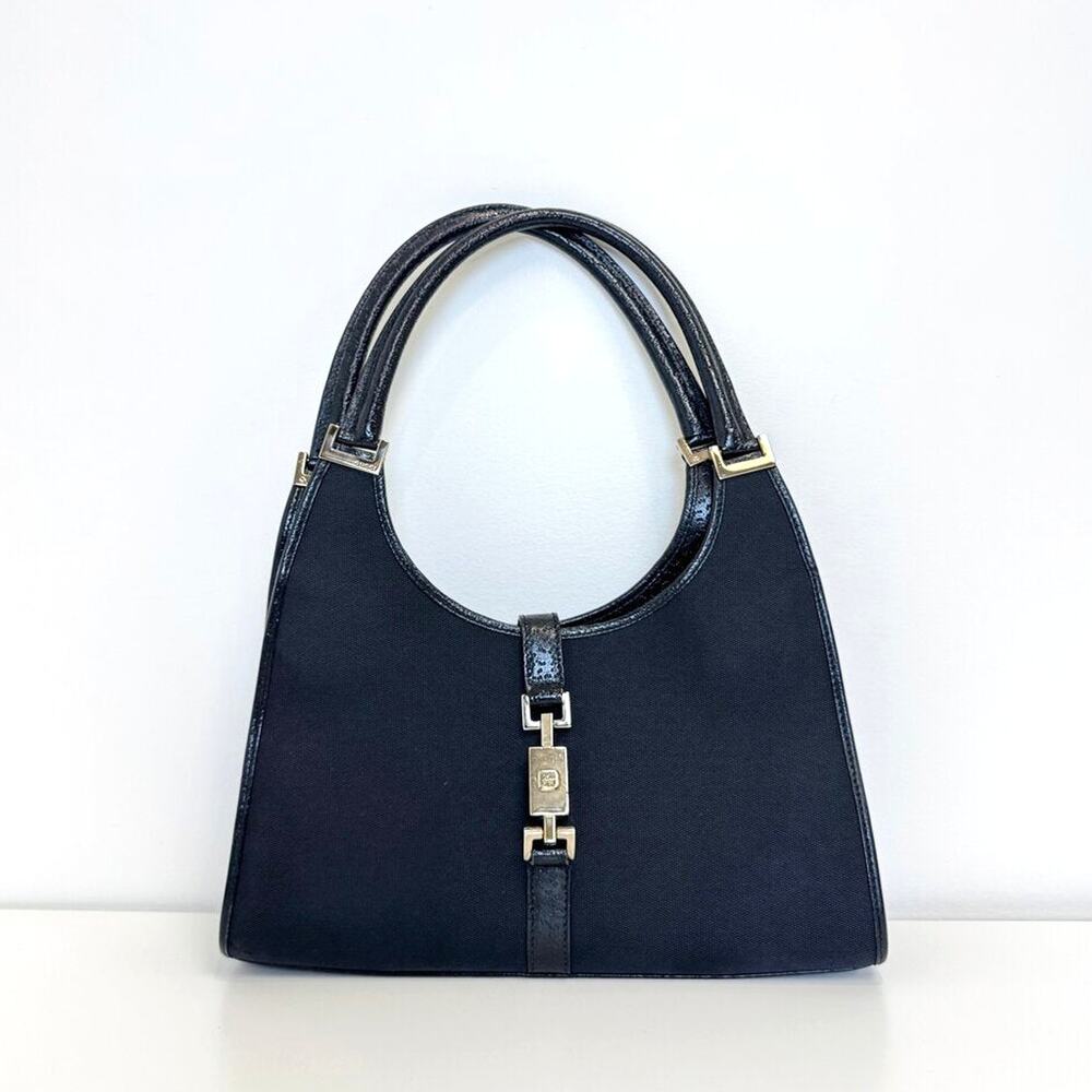 GUCCI Vintage Jackie Bardot Black Canvas Leather Trim Shoulder Bag Silver Hobo - Picture 1 of 10
